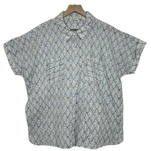 Orvis Womens Shirt Short Sleeve Button Up Geometric Outdoor Hiking Green Blue XL